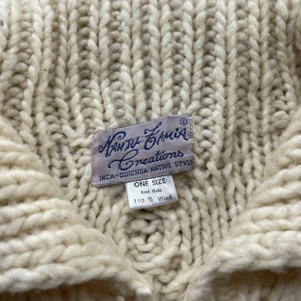 Vintage Andean Hand Knit Wool Zip Sweater Inca Quichua Cable Knit Cardigan M - Picture 3 of 7